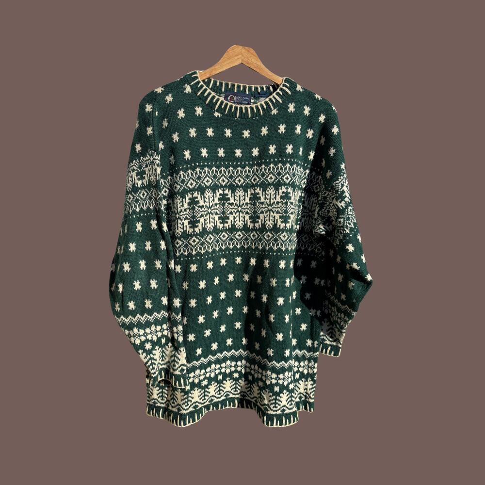 Muskoka Lakes Nordic Sweater | Green Fair Isle Knit | Size L | Vintage